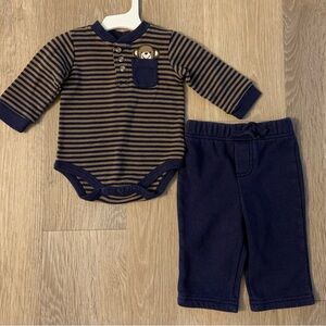 Little Wonders Boy's Size 3-6 Months Navy & Brown Striped Outfit With Bear